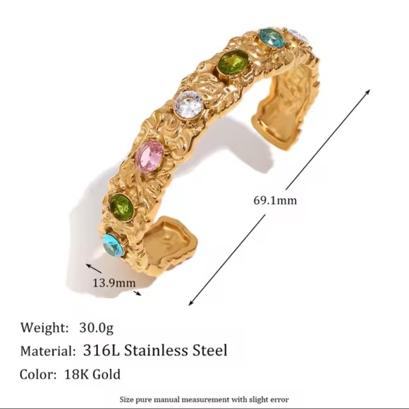 Colorful Gemstone Cuff Bracelet – 18K Gold Plated on Stainless Steel - Picture 3 of 10